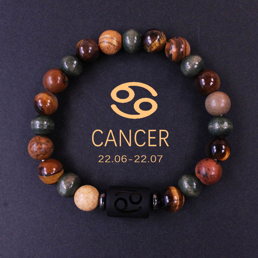 Natural zodiac stone bracelet showing three-color alternating beads — warm chatoyant tiger eye, blue-green hawk eye and dark agate — with engraved black obsidian zodiac symbol charm on elastic cord.