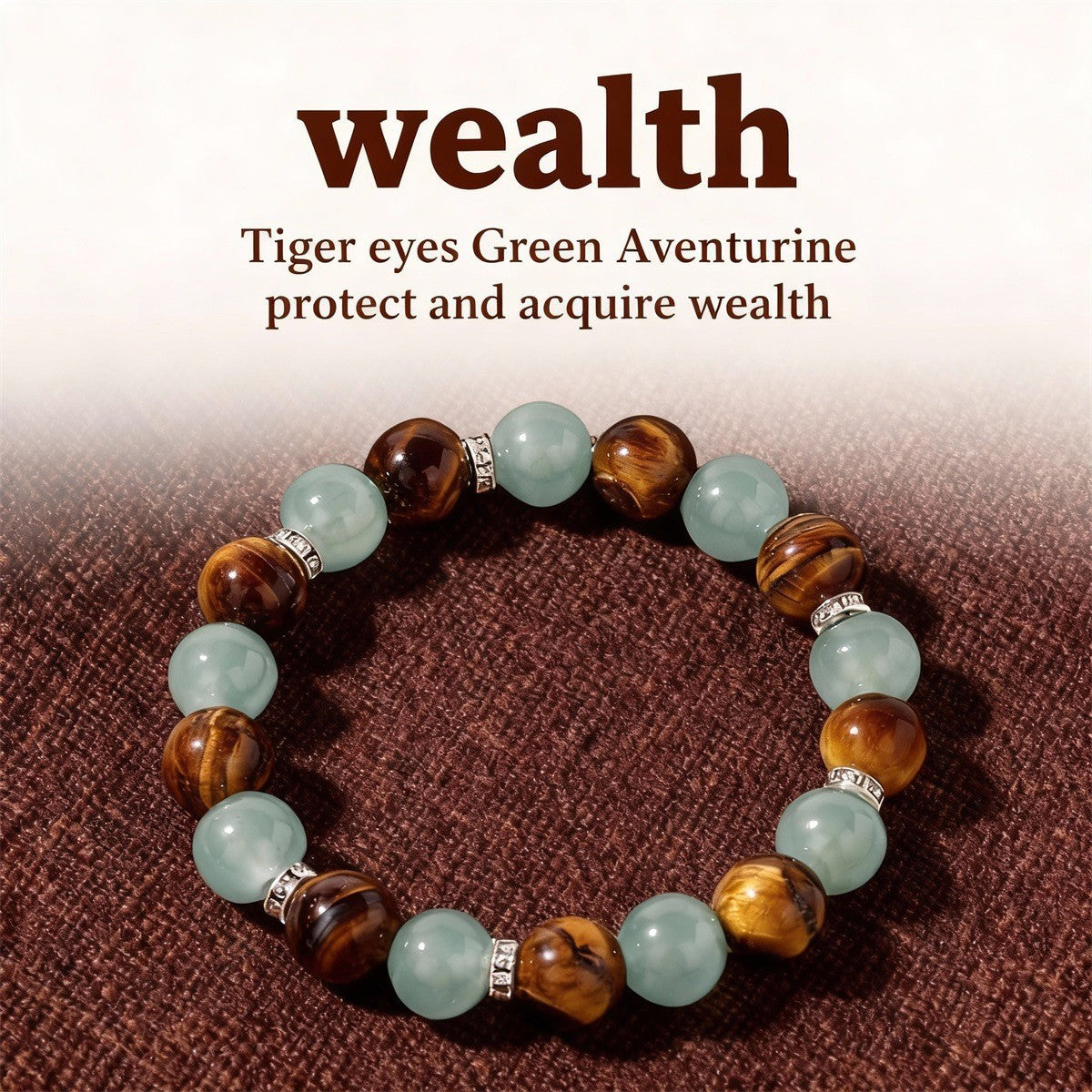 Macro detail of natural tiger eye crystal stone bracelet bead surface showing translucent apple green crystal and chatoyant golden-brown tiger eye natural stones, polished round finish, soft daylight.