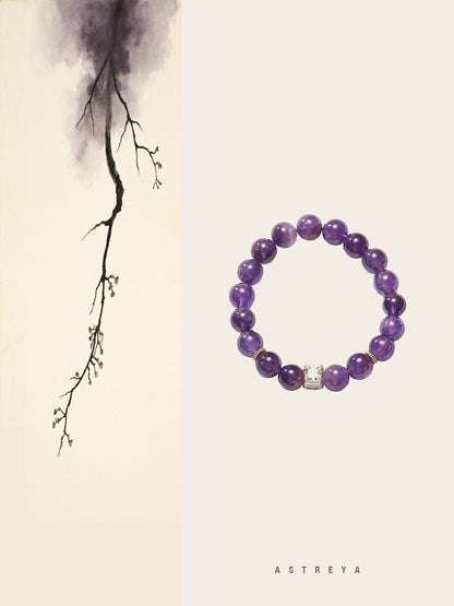 Natural amethyst bracelet hand-strung from 8mm polished round beads, deep violet with natural cloud-like veining unique per bead, stone of stillness, daily calm meditation ritual, gift-ready crystal jewelry for women.