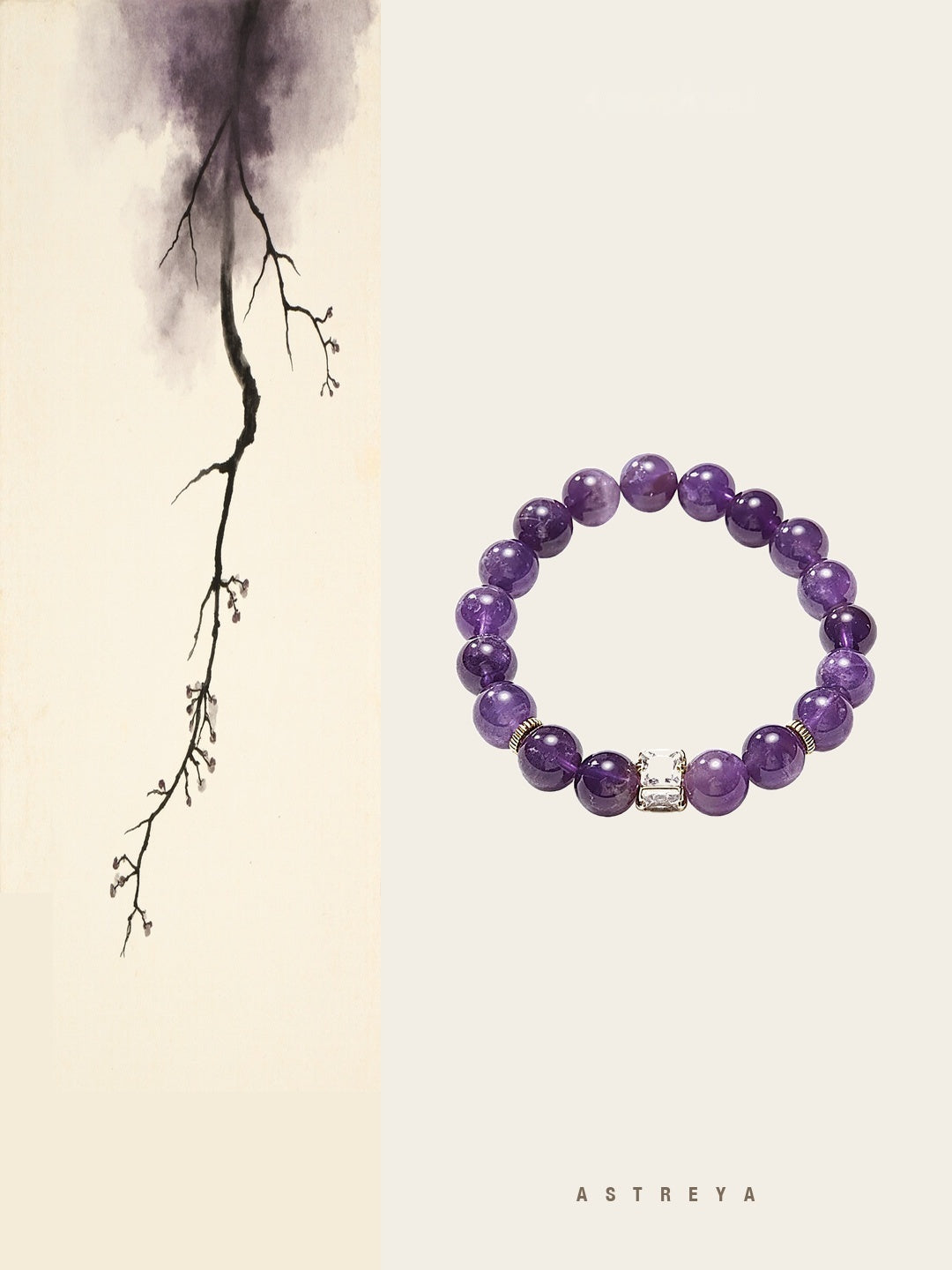 Natural amethyst bracelet hand-strung from 8mm polished round beads, deep violet with natural cloud-like veining unique per bead, stone of stillness, daily calm meditation ritual, gift-ready crystal jewelry for women.