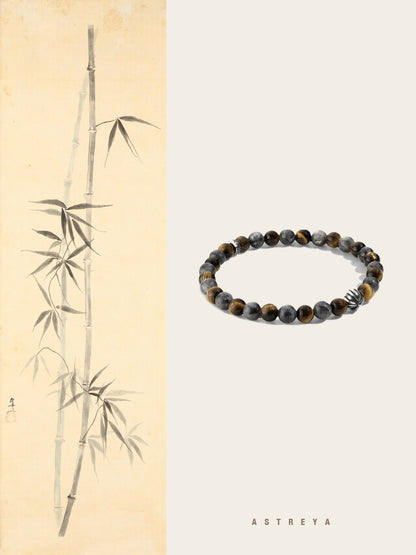 Natural tiger eye hawk eye stone bracelet with polished round beads alternating in warm golden-brown tiger eye and cool blue-grey hawk eye, handcrafted silver spacer accents, hand-knotted on elastic cord, masculine crystal jewelry for men.