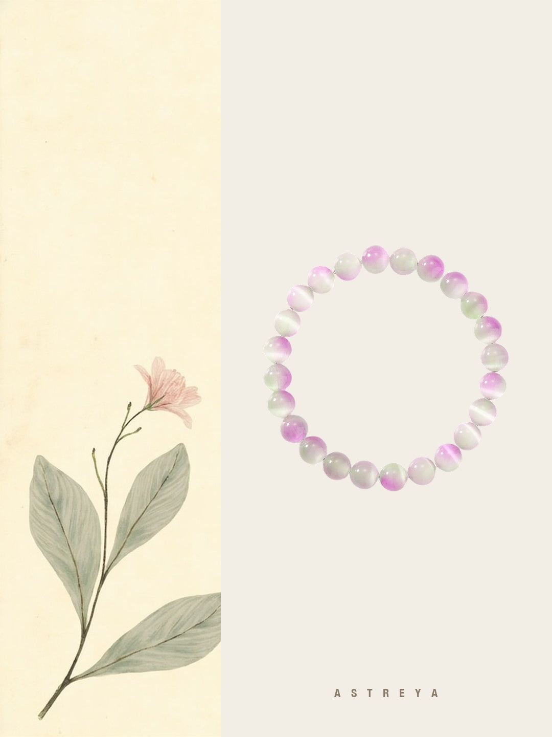 Natural cat eye stone bracelet with 23 polished round beads in pink, green and ivory cat&
