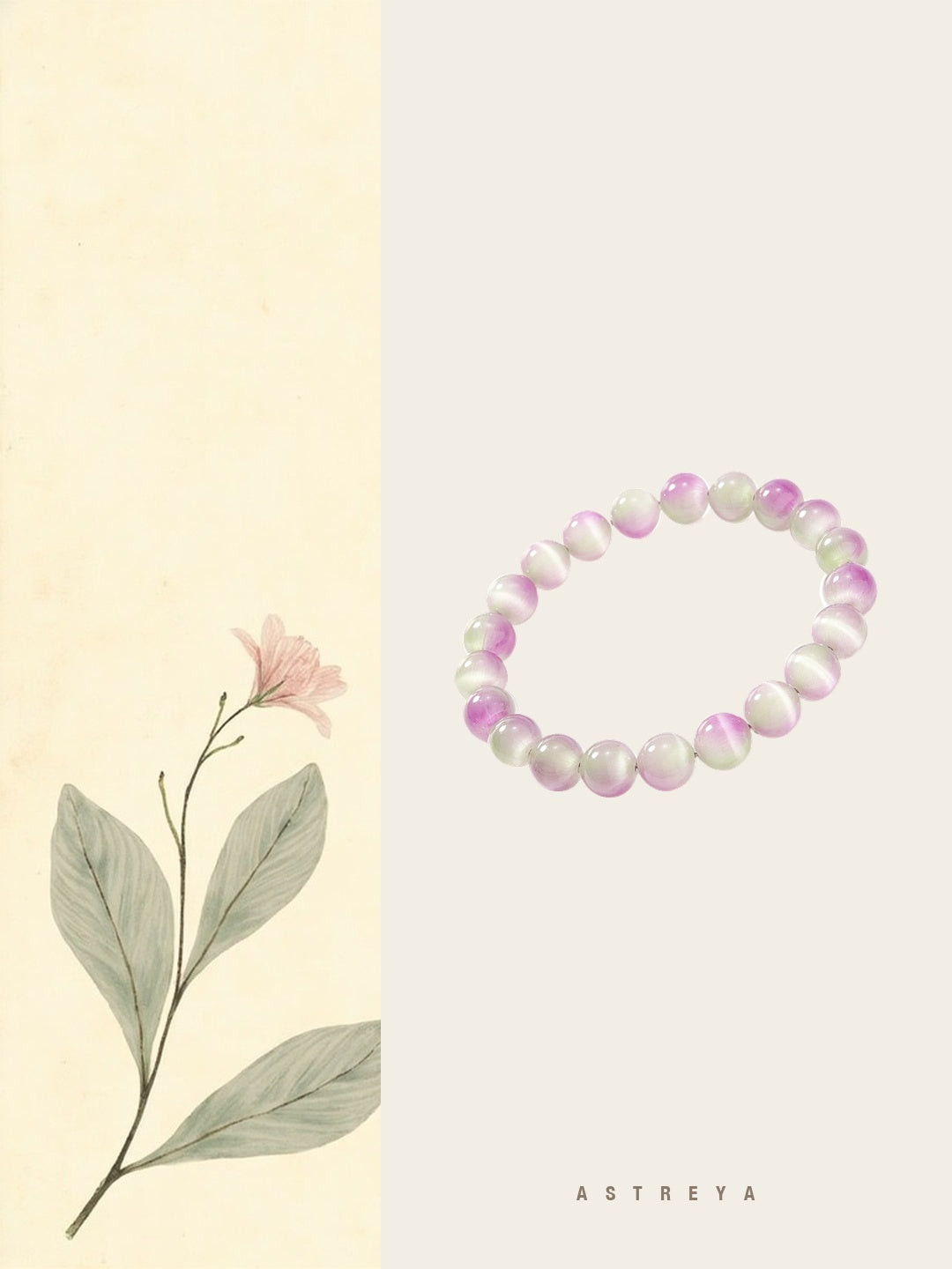 Natural cat eye stone bracelet with 23 polished round beads in pink, green and ivory cat&