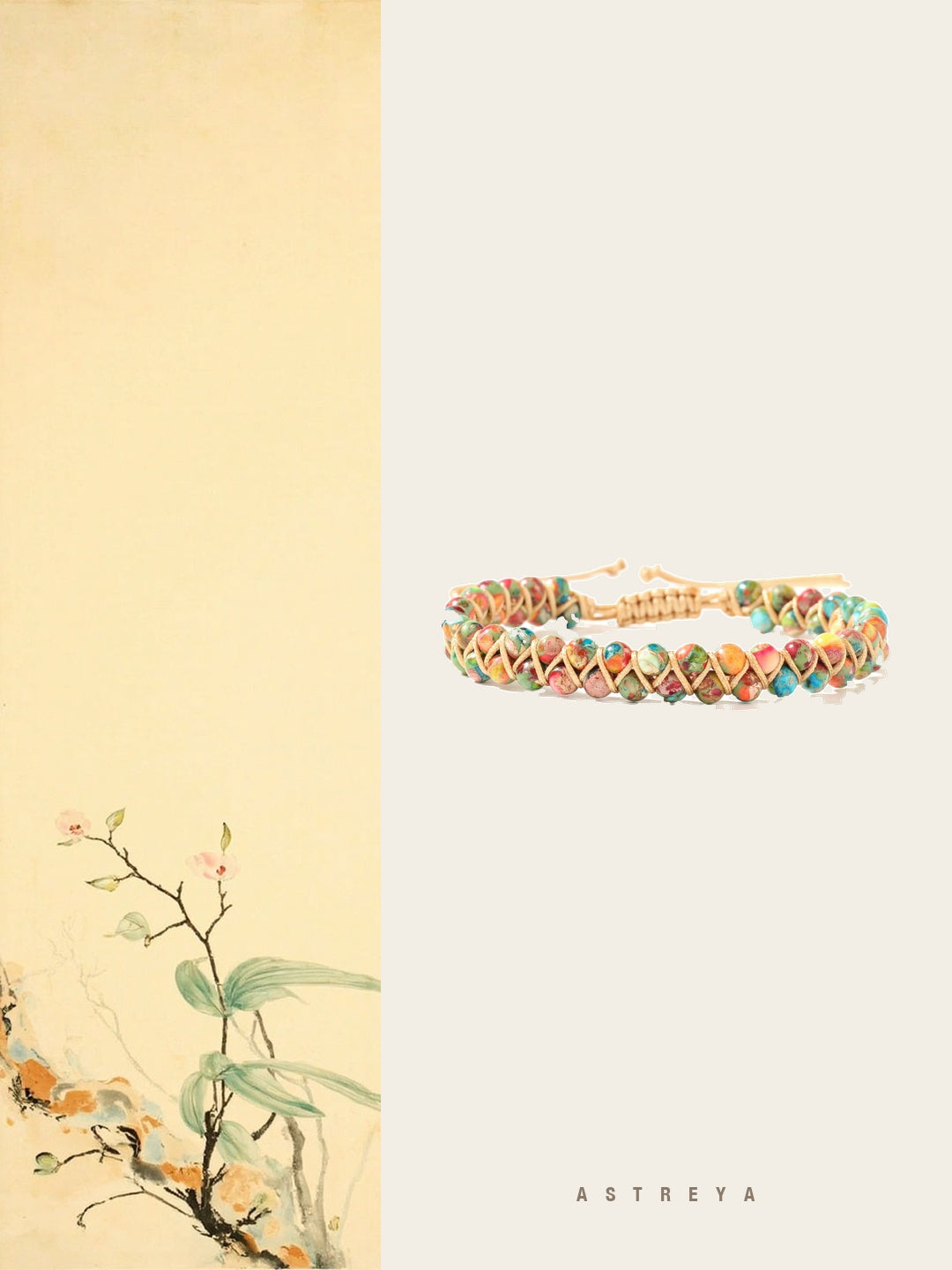 Multi-Color Gemstone Woven Bracelet hand-woven on golden cord with red, pink, amber, green, turquoise and ivory natural stone beads, adjustable pull-cord closure, vibrant crystal jewelry gift for women.