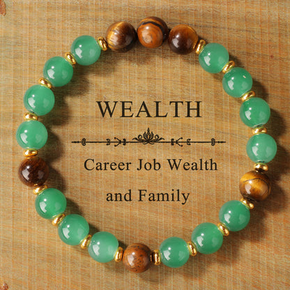 Close-up of natural tiger eye crystal stone bracelet showing polished round beads in three earthy tones with chatoyant golden-brown tiger eye, deep green stone and pale apple green translucent crystal surface, hand-knotted elastic structure.