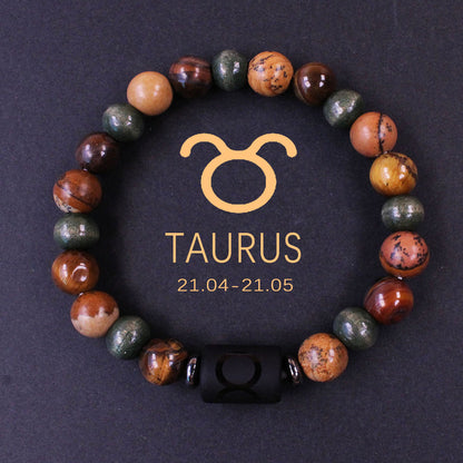 Macro detail of natural zodiac stone bracelet engraved obsidian zodiac symbol centerpiece alongside chatoyant tiger eye and silky hawk eye natural stones, polished finish, soft daylight.