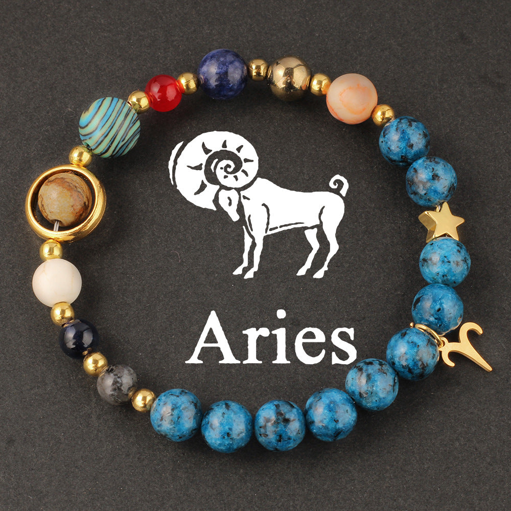 Side view of Natural zodiac stone bracelet showing Saturn ring charm and elastic cord closure with deep ocean beads.