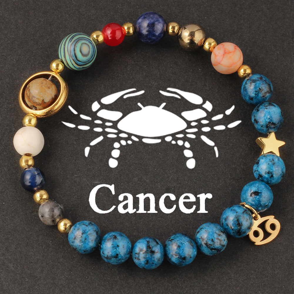 Side view of Natural zodiac stone bracelet showing Saturn ring charm and elastic cord closure with deep ocean beads.