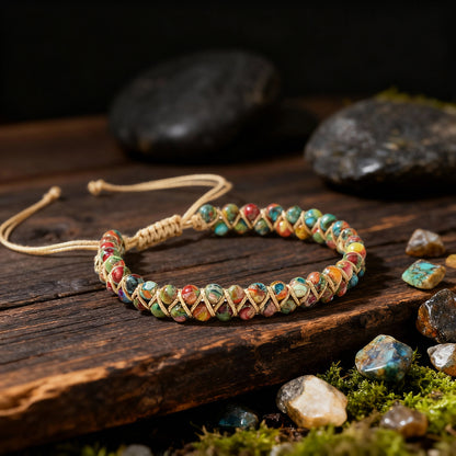 Close-up of Multi-Color Gemstone Woven Bracelet showing hand-knotted golden cord weaving between red, pink, amber, green, turquoise and ivory natural stone beads in macramé-style pattern.`