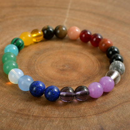 Multi-Color Natural Crystal Stone Bracelet shown from a second angle, emphasizing the soft stretch cord loop and the smooth natural stone bead finish across the full color range 