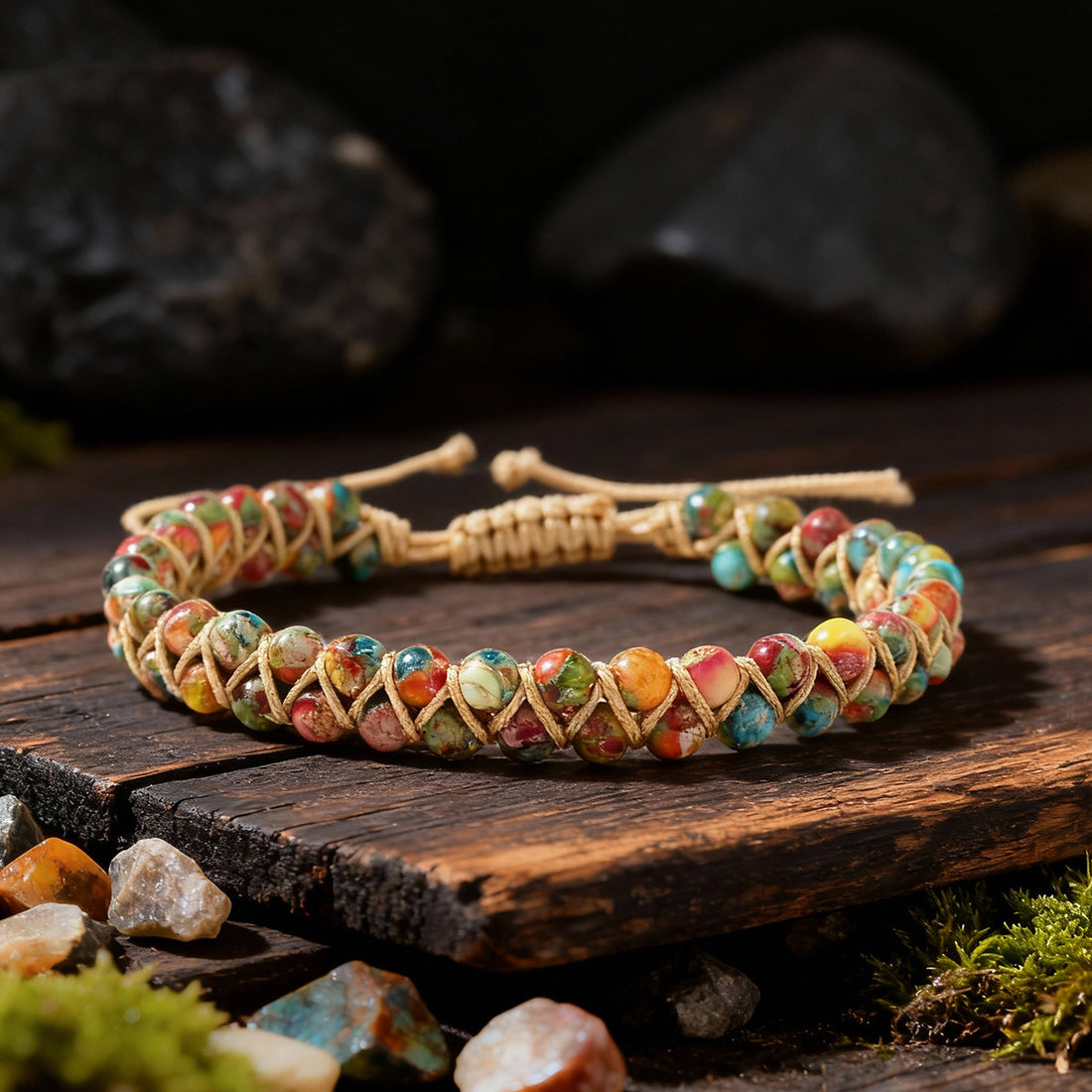 Multi-Color Gemstone Woven Bracelet with hand-knotted golden cord, showing red, pink, green, blue and amber natural stone beads in intricate woven pattern.