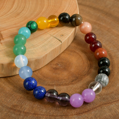 Close-up of Multi-Color Natural Crystal Stone Bracelet, focusing on the citrine, peach, cherry, smoky quartz and lilac bead cluster to show natural stone veining