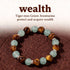 Macro detail of natural tiger eye crystal stone bracelet bead surface showing translucent apple green crystal and chatoyant golden-brown tiger eye natural stones, polished round finish, soft daylight.